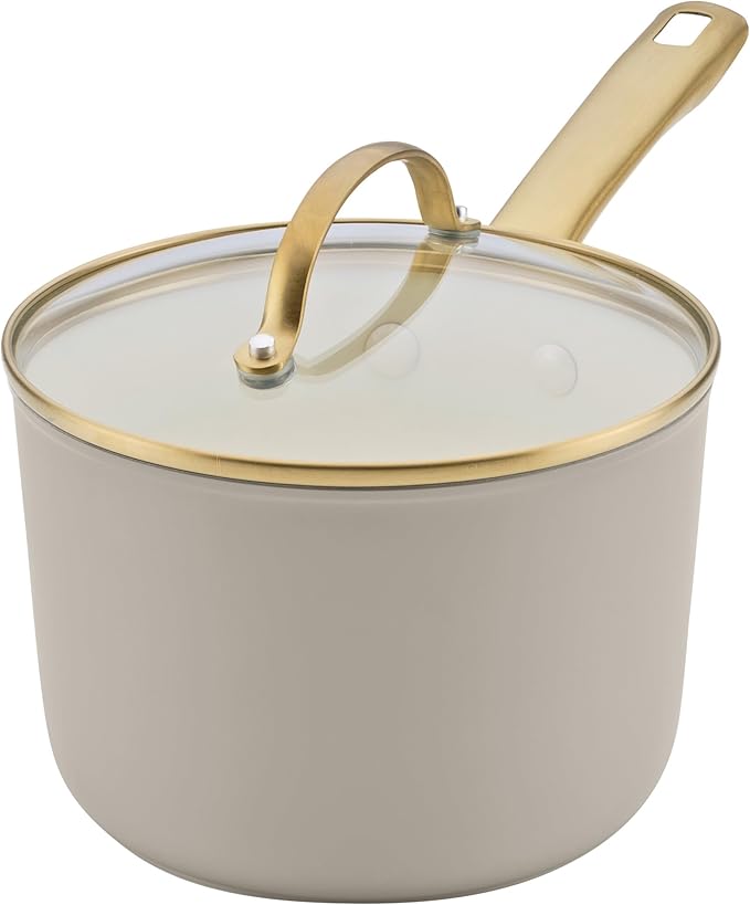Farberware Forged Induction Ceramic Nonstick Sauce Pan/Soup Pot, Dishwasher Safe, Gold Color Stainless Steel Handle, 3 Quart - Taupe