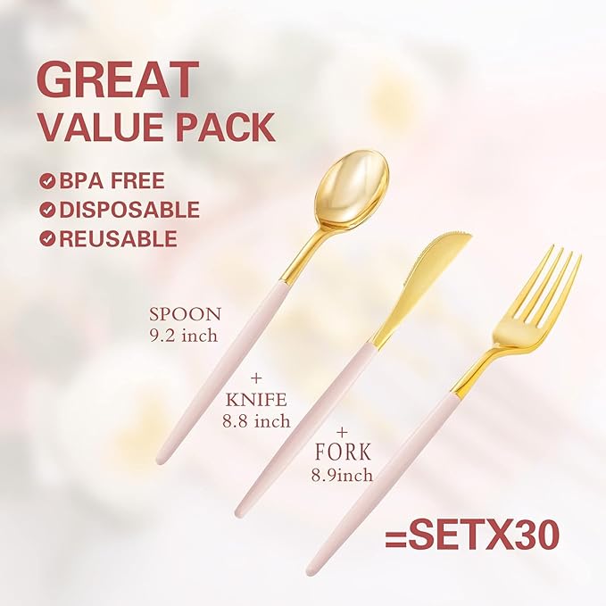 Rubtlamp 90Pcs Gold Plastic Silverware, Fancy Easter Utensils Set With Pink Handles Include 30 Gold Knives, 60Plastic Forks and Spoons, Pink Silverware Heavy Duty For Mother's Day