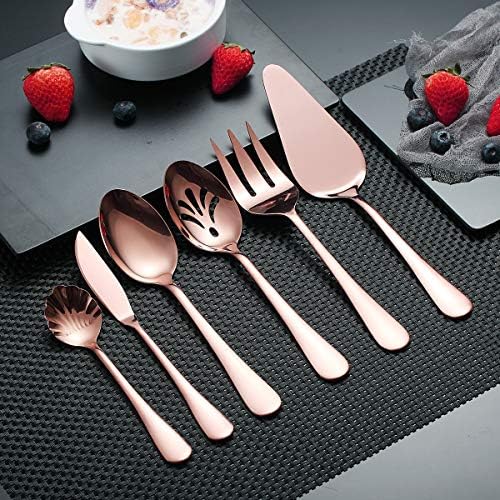 Berglander Stainless Steel Rose Gold Titanium Plated Flatware Serving Set 6 Pieces, 5 Serving Pieces of 45 Pieces Flatware With 1 Cake Server, Copper Serving Silverware Set (Shiny Rose Gold)