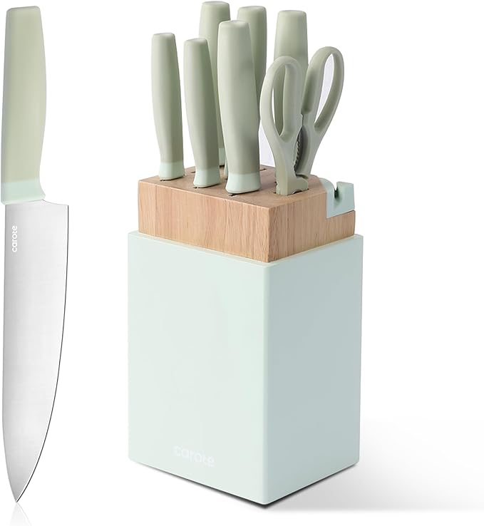 CAROTE 9 Pieces Kitchen Knife Block Set with Sharpener, Dishwasher Safe Knives for Kitchen, Forged Cutlery with Razor-Sharp Stainless Steel Blades, Green