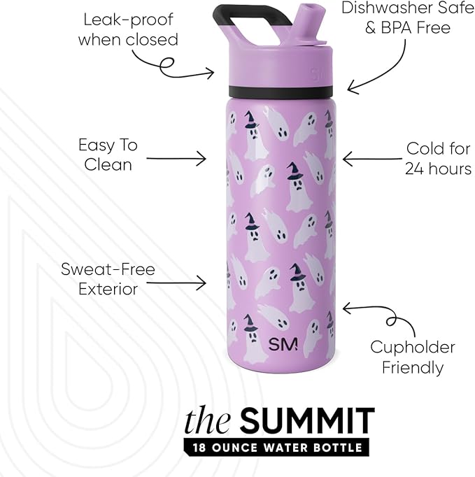 Simple Modern Halloween Kids Summit Water Bottle with Straw Lid | 18oz Stainless Steel Cup Insulated Tumbler for Boys, Girls, School | Witchy Ghosts