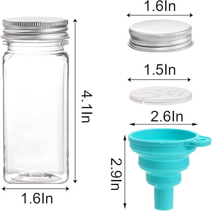 WUWEOT 24 Pack Plastic Spice Jars, 4 oz Spice Bottle Square Seasoning Containers, Reusable Salt Pepper Shaker with Airtight Lid Labels and Funnel for Spice, Herbs, Powder and Glitters