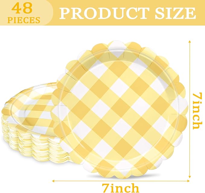 48 Pcs 7" Yellow Gingham Paper Plates Light Yellow & White Scalloped Checkered Party Plates, Pastel Plaid Dessert Table Supplies for BBQ Gathering Picnic Baby Shower Birthday Dinner Party Tableware