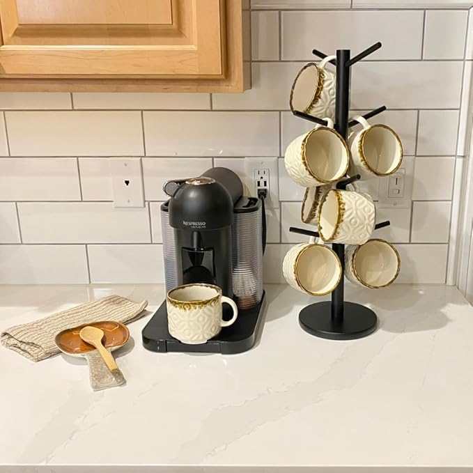 Evelots Countertop Coffee Mug Holder - Tea Cup Organizer Rack - Tree Hooks Hold 8 Large Mugs - Sturdy Wood with Black Finish - Coffee Bar Display Storage