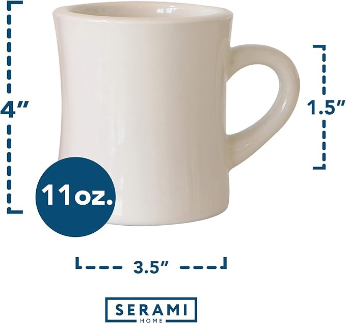 Serami Original 11oz Cream Diner Coffee Mug Set - Ceramic Mugs Great for Kitchen Set, Travel, and Hot Tea, Retro Waffle House Farmhouse Mug with Handle, Heavy Duty Coffee Cups (6 Pack)