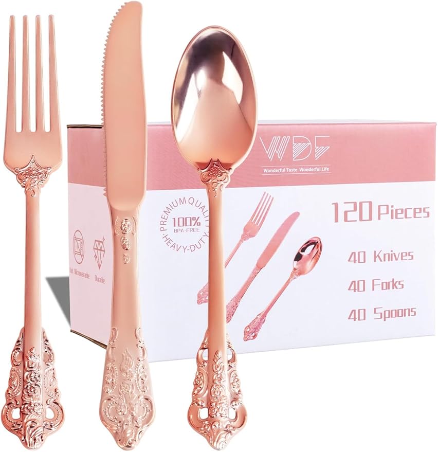 WDF 120Pieces Rose Gold Plastic Silverware - Heavy Duty Rose Gold Plastic Cutlery Set - Disposable Utensils - Flatware Includes 40 Forks, 40 Spoons, 40 Knives for Wedding Party Birthday