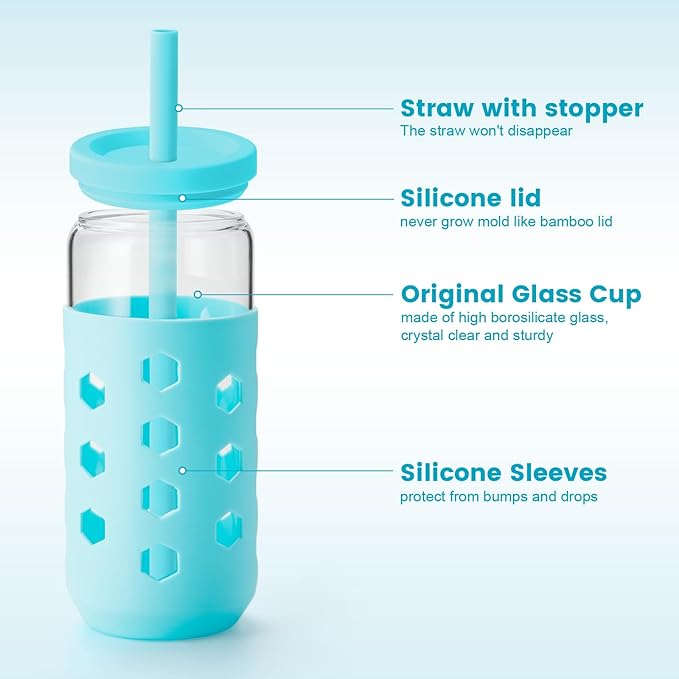 Glass Cups with Lids and Straws (4 Pcs), 20oz Drinking Glasses Set with Silicone Sleeves for Coffee Bar Accessories Iced Coffee Cups with Lids, Glass Tumbler Reusable for Gifts