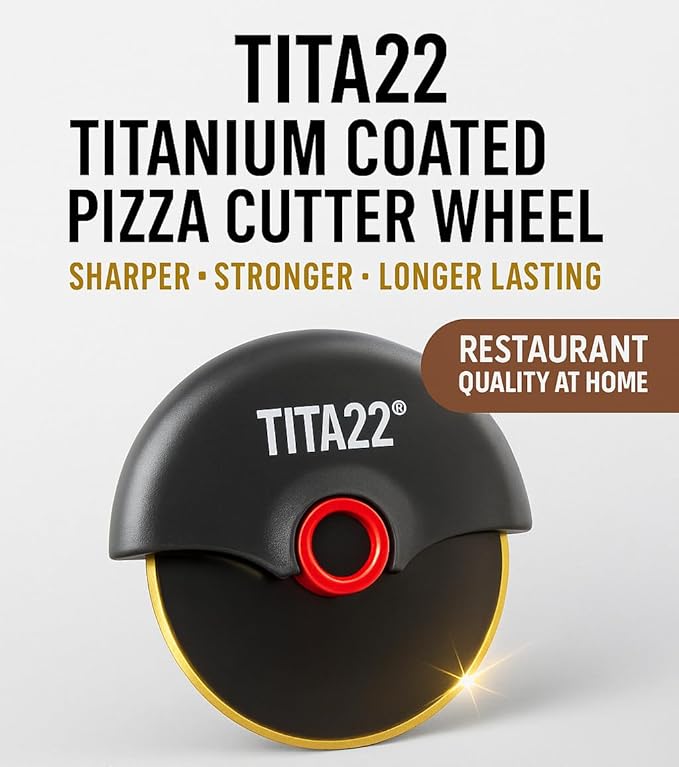 TITA22™ Titanium Coated Pizza Cutter Wheel – Ultra Sharp & Durable, Rust Resistant, Ergonomic Safe Grip Handle, Dishwasher Safe, Detachable Blade for Easy Cleaning – Professional Pizza Slicer