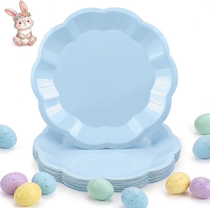 30 Pcs Light Blue Plates 7 Inch Scalloped Paper Plates Baby Blue Dessert Cake Plate Cute Plate Disposable for Wedding, Boy Baby Shower, Birthday, Easter Party
