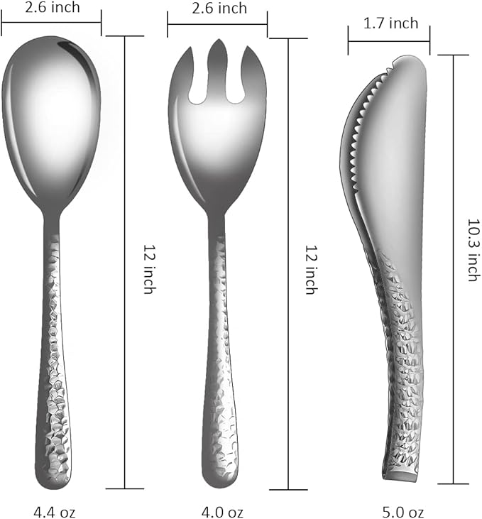 Salad Spoon and Fork Stainless Steel Tong Serving Set, Heavy Duty Hammered Finish Serving Utensils Large Salad Servers for Kitchen Party Buffet Supply (Silver)