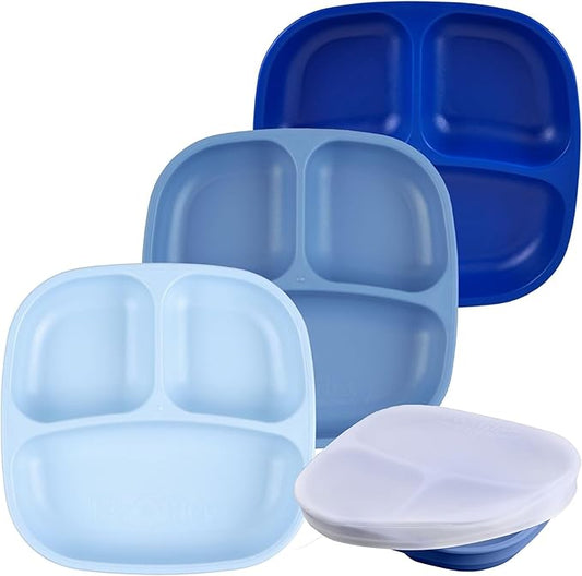 Re-Play Toddler Plates with Dividers - Deep-Walled 3 Compartments Divided Plates for Kids with 1 Lid - Dishwasher & Microwave Safe - Made in USA - Set of 3, Cool Blues