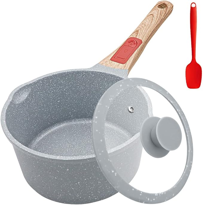 1.5 Quart Ceramic Nonstick Saucepan with Lid, Small Sauce Pot with Pour Spouts for Multipurpose Use, milk Pan with Detachable Handle, Oven Safe, Blue