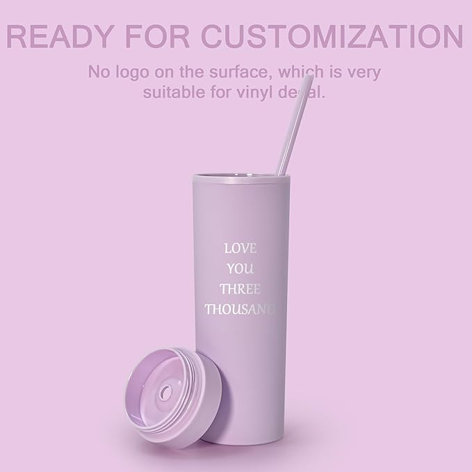 sweet grain Skinny Tumblers with Lids and Straws(6 Pack) - 16oz Matte Pastel Colored Skinny Acrylic Tumblers, Double Wall Plastic Tall Skinny Tumblers Bulk for Cold Hot Drinks - Purple