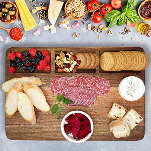 AZRHOM Large Acacia Wood Cutting Board for Kitchen 17x12x1.5 with 3 Compartments, Handles & Juice Groove, Non-Slip Mats, Thick Heavy Duty Butcher Block Charcuterie Board (Gift Box Included)