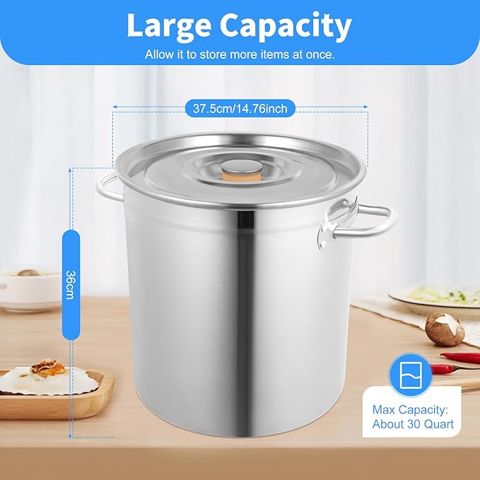 30 Quart 35L Commercial Grade Stockpot 201 Stainless Steel Stockpot Heavy-Duty Canning Pot Soup Pot Induction Pot with Lid and Riveted Handles for Soup Seafood Stock Canning Silver