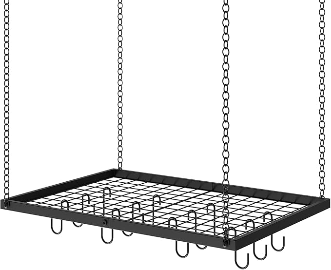 Hanging Pot Rack, Ceiling Mounted Pot Hanger for Kitchen, Metal Cookware Storage Organizer with 12 Hooks, for Storage of Cookware, Utensils in Kitchen, 23.7" L, Black TPR03BB