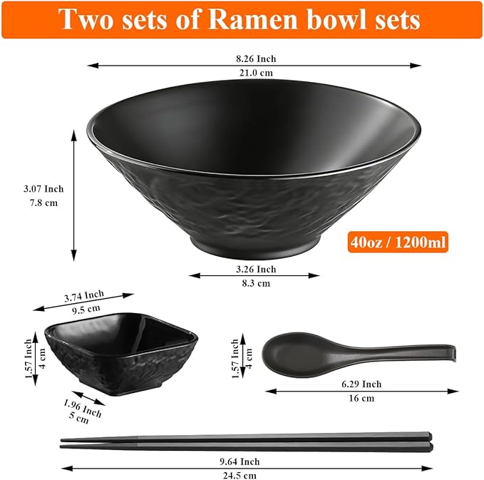 Kyraton Ramen Bowl Set 40oz with Chopsticks Dipping Bowls and Spoons: 2 large Unbreakable Japanese Style Plastic Noodle Soup Bowls for Asian Pho Soup Thai Miso Udon Wonton (Black, White)