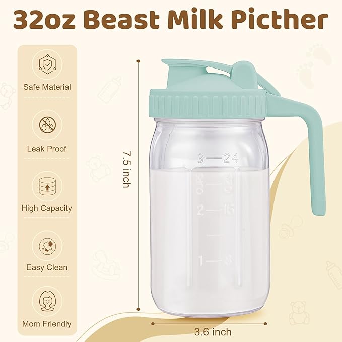 Breast Milk Pitcher with Leak Proof Flip Cap & Pour Spout, 32 oz Wide Mouth Mason Jars for Breast Milk Storage Container, Glass Picther with Lid for Cold Brew Coffee, Sun Tea, Juices, Pink