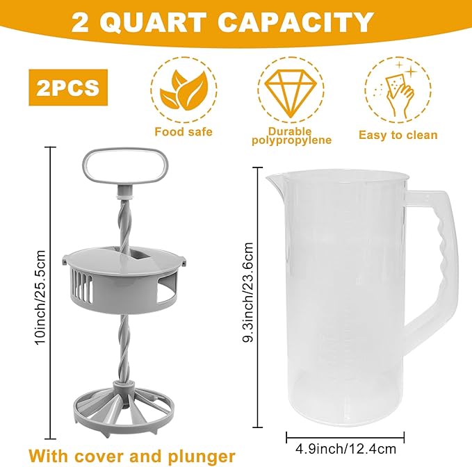 2 Pack Mixing Pitcher for Drinks 2 Quart/ 64oz Plastic Water Pitcher with Lid，Easy-Mix Juice Container，Angled Plastic Blades and Adjustable Mixer Plunger for Juice, Tea, Beverage Container