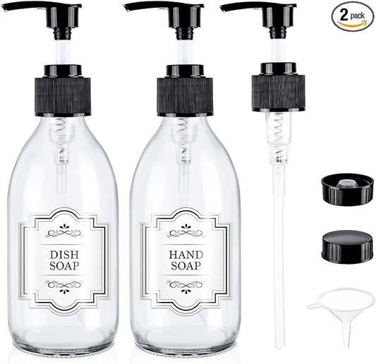 8 oz Clear Glass Pump Bottle, 250ml Small Lotion Dispenser Bottle for Body Massage Oil, Refillable Empty Hand and Dish Soap Dispensers Set with Storage Caps, Labels - 2 Pack