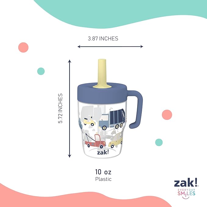 Zak Designs Capri Toddler Tumbler For Travel or At Home, 10oz 2-Pack Durable Plastic Sippy Cups With Handle and Leak-Proof Design are Perfect For Kids (Wheels, Blue)