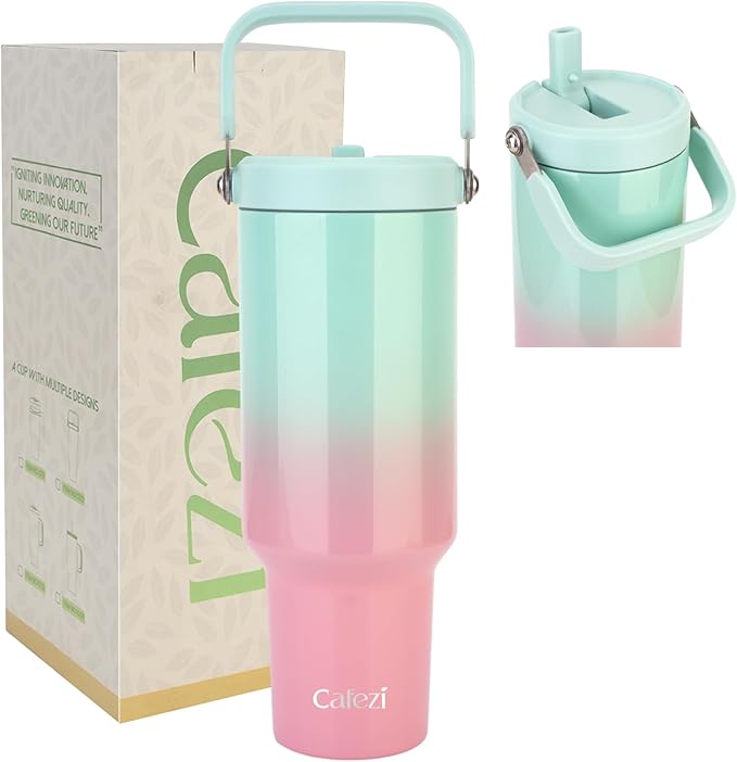 40 oz Insulated Tumbler with Top Handle and Flip Straw, Vacuum Insulated Stainless Steel Cup, Sweat-Free, Fits Cup Holder, Keeps Drinks Cold up to 30 Hours