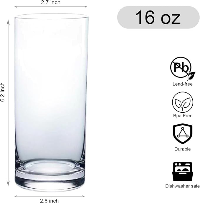 Drinking Glasses Set of 6, 16oz Crystal Highball Glasses, Clear Tall Glass Cups,Water Glass for Kitchen,Tom Collins,Juice,Whiskey,Mojito Cocktail Glasses for Bar Glassware,Gifts for Christmas