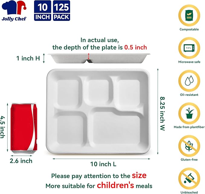 JOLLY CHEF Compostable 𝟱 Compartment Paper Plates 10*8.25*1 𝗶𝗻𝗰𝗵 [𝟭𝟮𝟱 𝗣𝗮𝗰𝗸] Small Heavy Duty Divided Disposable White Eco-Friendly Biodegradable Food Tray for School Lunch Dinner Christmas
