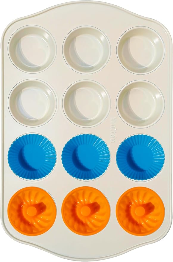 Nonstick Muffin Pan with 12 Silicone Baking Cups, Carbon Steel Muffin Tin for Muffins, Cupcakes, Egg Bites and more, Non Toxic, Easy to Clean, Dishwasher Safe, Sunshine Cream
