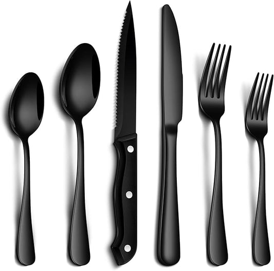 24-Piece Black Silverware Set with Steak Knives Food-Grade Stainless Steel Flatware Set for 4 Mirror Cutlery Dishwasher Safe Utensil Sets for Home Restaurant
