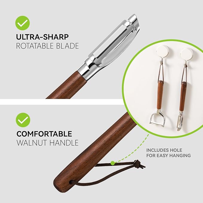 2-Piece Swivel Vegetable Fruit potato peelers Set - Straight + U-Shaped Blades with Solid Walnut Non-Slip Handles, Easy Peeling (Apples, Pears, Potatoes, Carrots, Cucumbers), Kitchen Tool Kit