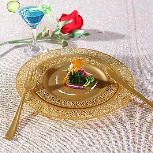 I00000 102 PCS Brown Gold Plastic Plates, Lace Design Disposable Plates, BPA Free Plates Includes: 51 Dinner Plates 10.25 Inch and 51 Salad/Dessert Plates 7.5Inch for Wedding and Party