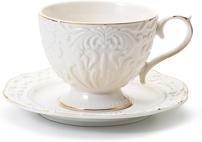 Cups and Saucers Tea Cups Set of 2, Ceramic Coffee Cups with Floral Embossed Design, 200ml (7 oz) Tea Cups and Saucers Porcelain Mugs for Birthday Party Cafe Home Gift