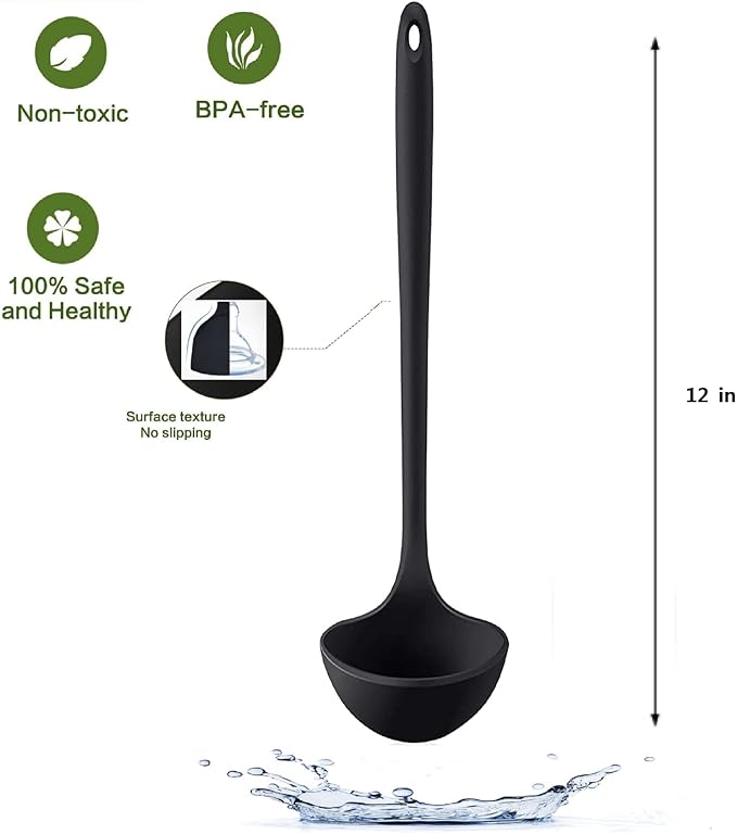 12" Silicone Ladle Spoon Set of 2, Long handle soup spoons Seamless & Nonstick, Heat resistant 600 °F Kitchen Soup Ladles for Cooking.
