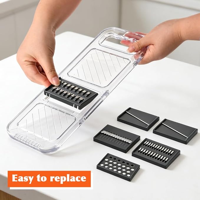Multifunctional Mandoline Slicer,6-in-1 Adjustable Blade,Transparent Vegetable Cutter with Safe Hand Guard,Easy-Clean & Compact Storage for Salad Prep, Chips, Fruits & Daily Cooking