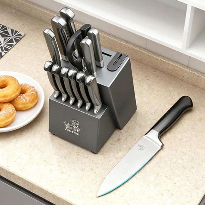 15-Piece Kitchen Knife Set with Block, Ultra-Sharp Full-Tang Stainless Steel Knives, Built-in Sharpener, Dishwasher Safe, Non-Slip Ergonomic Handle, Modern Gray, Gift Box