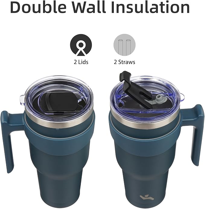 30 oz Tumbler with Handle and 2 Straw 2 Lid, Insulated Water Bottle Stainless Steel Vacuum Cup Reusable Travel Mug, Navy Blue