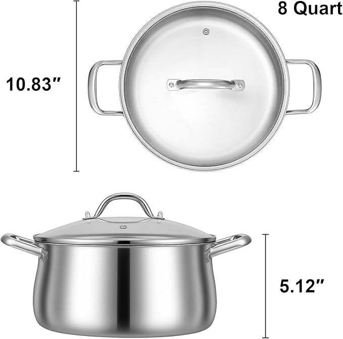 Tifanso Stainless Steel Stock Pot - 8 Quart 3Ply Heavy Duty Large Induction Cooking Pot with Lid for Pasta, Soup, Spaghetti, Nonstick Deep Stockpot, Kitchen Cookware for Stew, Simmer, Canning, Boiling
