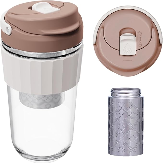 Leak-proof Glass Coffee Mug with Lockable Lid, 17oz Reusable Coffee Cup with Stainless Steel Filter, Travel Tea and Fruit Infuser with Handle, BPA-free Dishwasher Safe (Milk Chocolate)