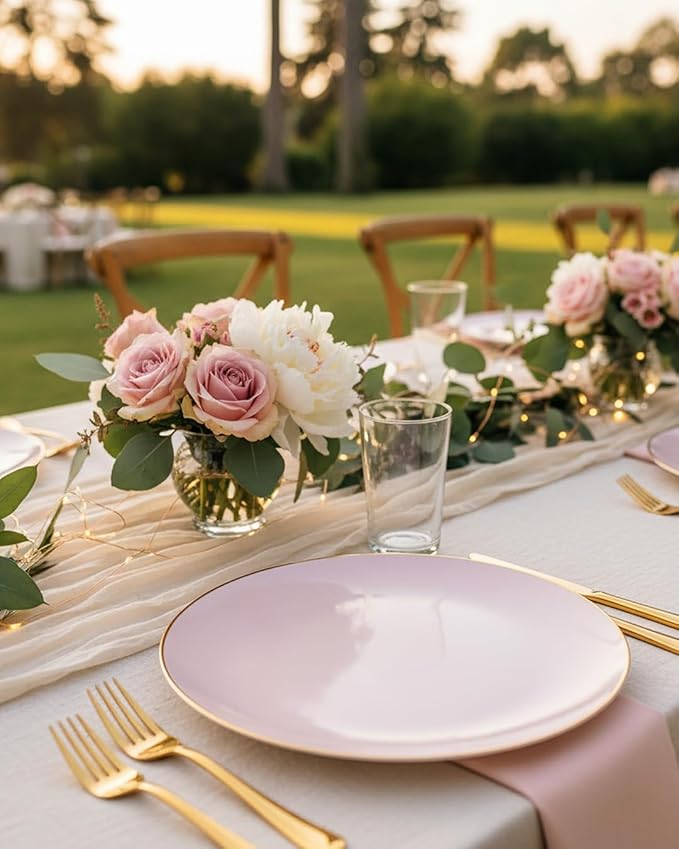 PULOTE 100PCS Pink Plastic Plates - Heavy Duty Pink and Gold Disposable for Party, Wedding, Easter, Include 50 Each (Dinner & Dessert) Plates