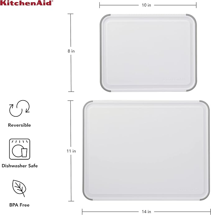 KitchenAid Classic Nonslip 2-Piece Plastic Cutting Board Set with Perimeter Trench and Non Slip Edges, 2-Piece Kitchen Chopping Boards, Dishwasher-Safe, White and Gray