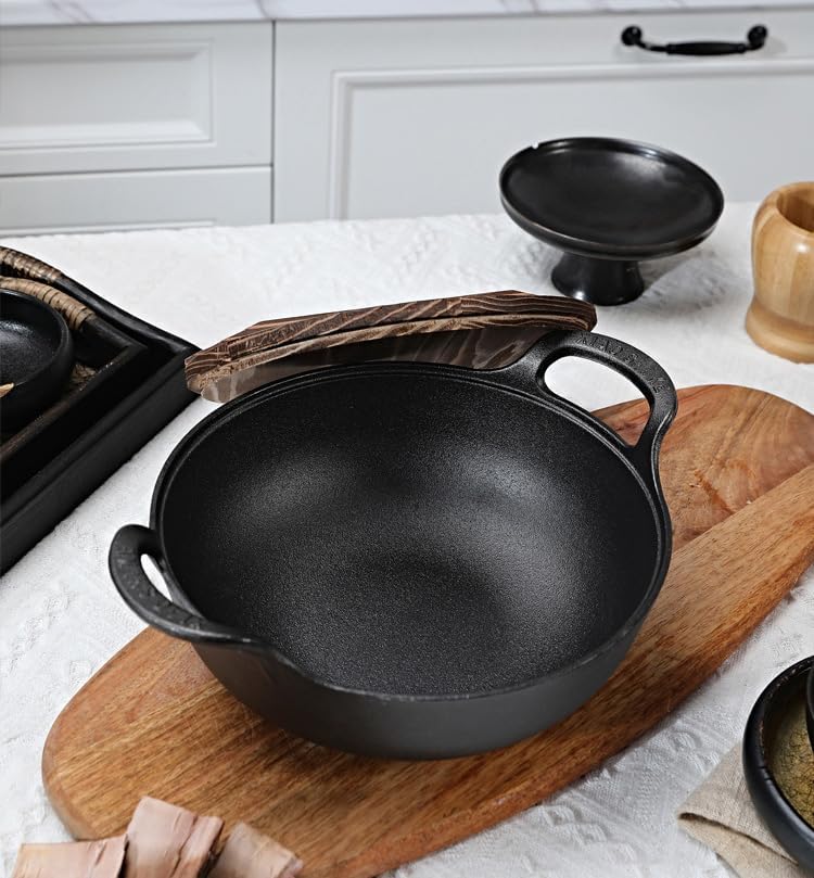 Cast Iron Wok with Dual Handle, Pre-Seasoned Stir-Fry Pans (Wok with Lid 11 inch)