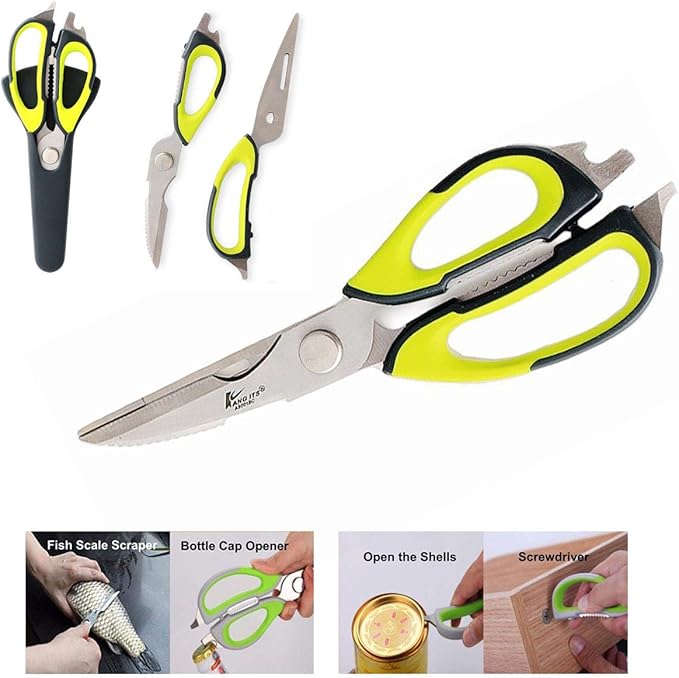 Multifunction Kitchen Food Scissors, Detachable Stainless Steel Heavy Duty Culinary Scissors, 7-in-1 Household Shears with Magnetic Holder, for Cut Poultry Meat Bone Vegetables Fruit (black green)