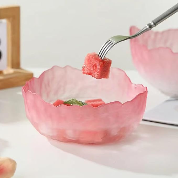 Glass Salad Bowl Irregular Lotus Flower Shape Serving Bowls, Mixing Nut Bowls for Kitchen Fruist, Snack, Dessert, and Ice Cream Candy Dishes (Crystal Gradient Pink, Large)