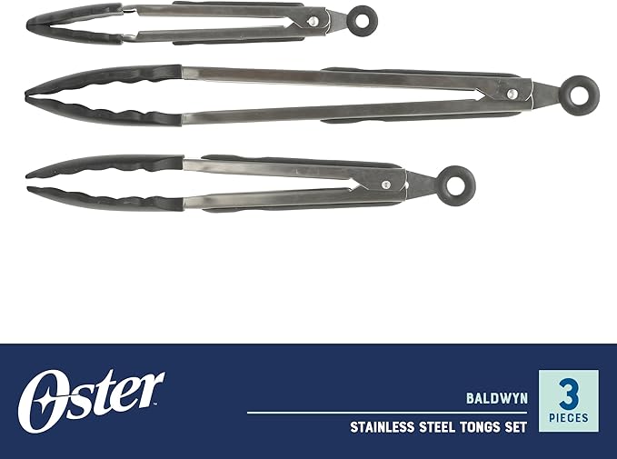 Oster 3-Piece Kitchen Tongs Set – 12", 9", 7" Locking Tongs with Heat-Resistant Nylon Tips and Stainless Steel Handles, Nonstick Safe, BPA-Free, Dishwasher Safe, Black Cooking Tongs