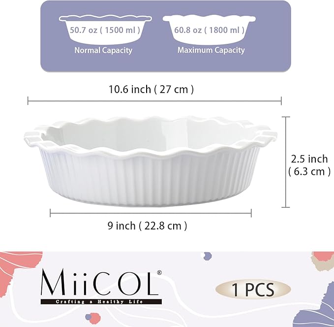 Miicol White Ceramic Pie Pan, 50 oz Ripple Edge Deep Baking Dish, 9 Inch Round Ceramic Pie Plate, Suitable for Quiche, Apple Pie, Meat Pie, Ideal Gift for Baking Lovers