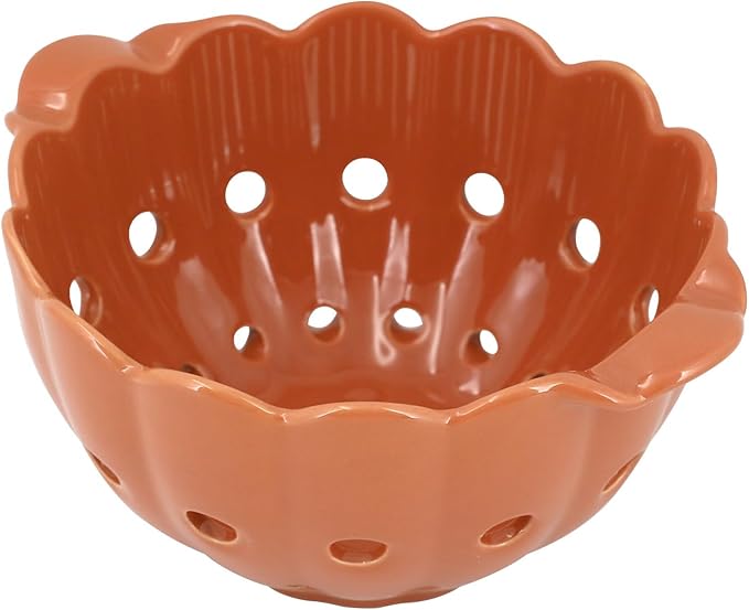 Cute Scallop Edge Ceramic Colander with Handles(7.6"),Round Colorful Berry Basket, Small Fruit Container for Strawberry, Cherry & Kitchen Counter,Cinnamon Orange