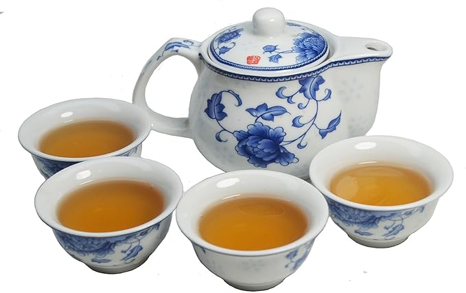 Liang baobao Chinese Traditional Tea Tasting Cup Set of 4, 2oz White Porcelain Mini Cups for Gongfu Tea Ceremony (Peony)
