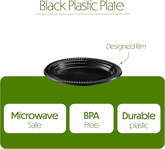 PLASTICPRO 100 PCS Black Plastic Plates Light Weight 7 Inch Plastic Dinner Dessert Appetizer Plates Black Plates Disposable for Party and Wedding