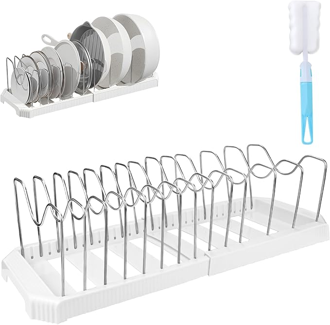 Pots and Pans Organizer Under Cabinet, 7-Slot Expandable Pot Rack Organizer with Cup Brush, Kitchen Pots and Pans Organizer for Cookware, Lids, Bakeware, Cutting Boards Tool-Free Installation (White)